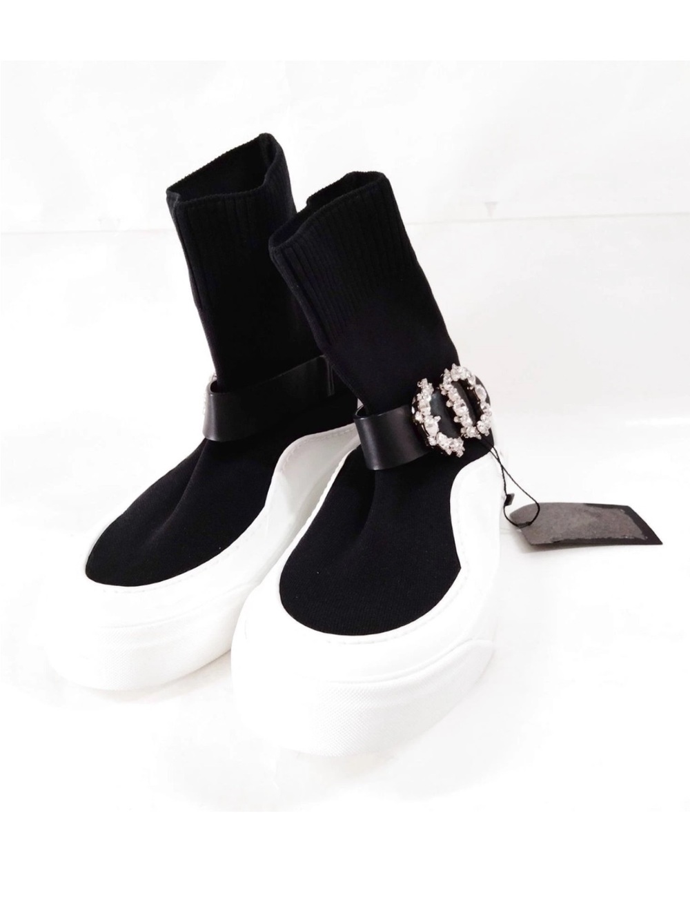 Jimmy Choo Black Sock-Style Platform Sneakers with Crystal Buckle Accent